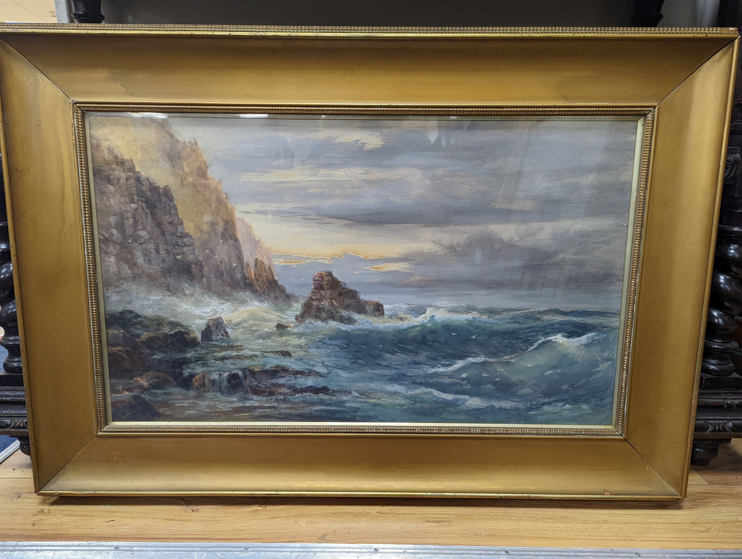 Richard Short RCA (1814-1916), watercolour, 'A wild Cornish coast' No. 1, 43 x 73cm